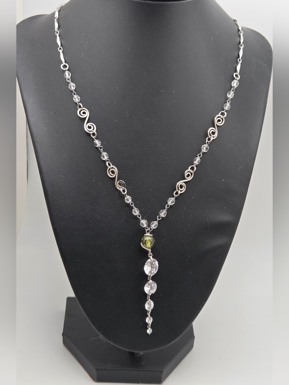Lia Sophia Silver Tone Y-Drop Necklace Green Clear Crystals Magnetic Clasp